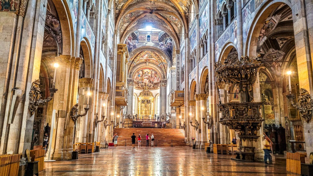 Monumental highlights to visit in Parma, Italy. Interior of Parma Cathedral.