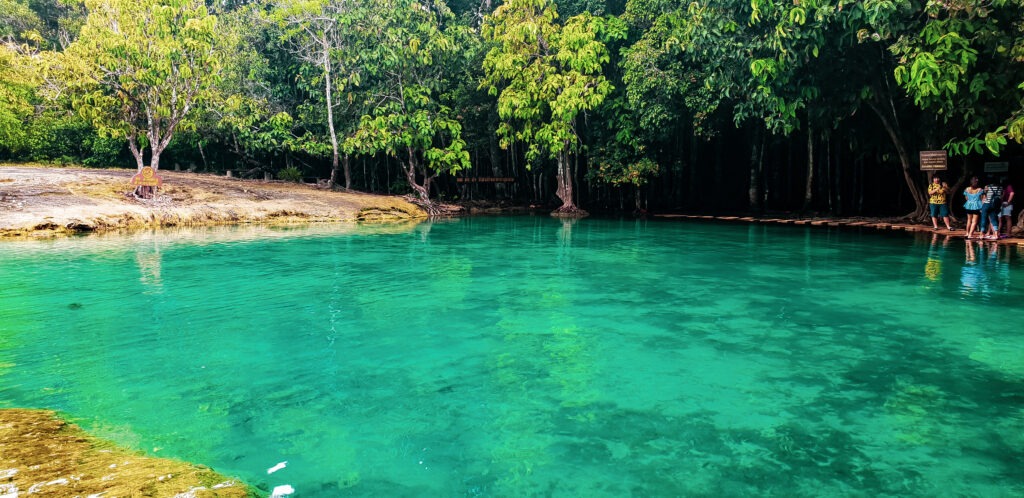 Intense natural blue water pool in Thailand. In the worlds jungle travel.