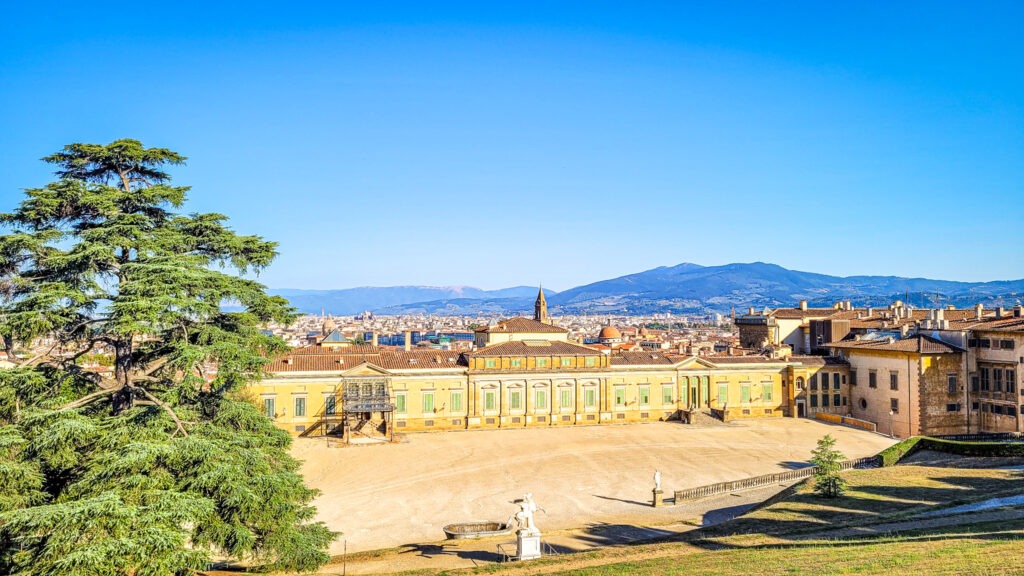 View of Pitti Palace from the Boboli gardens. Monumental highlights to visit in Florence. In the worlds jungle.