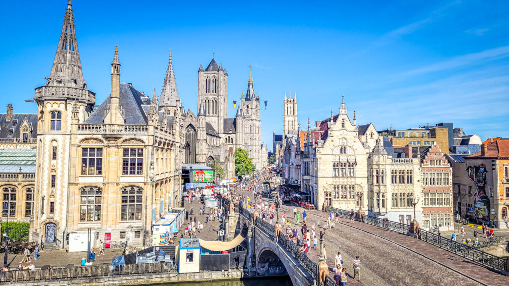 Saint Michiels Bridge and the Saint Nicolas church in Ghent. Monumental highlights to visit in Ghent, Belgium. In the worlds jungle.