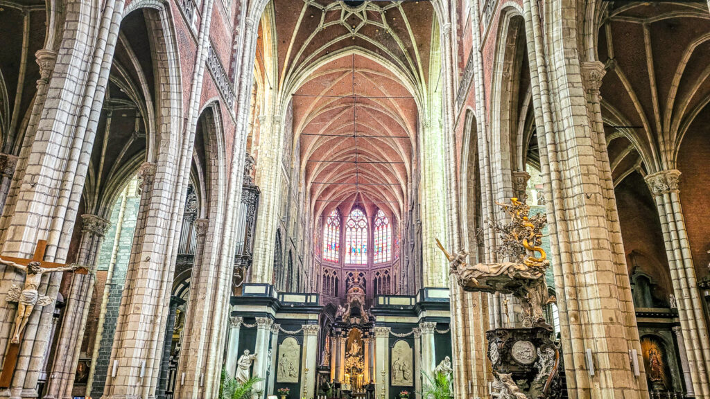 Interior architecture of the Saint Bavo's Cathedral in Ghent. Monumental highlights to visit in Ghent, Belgium. In the worlds jungle.