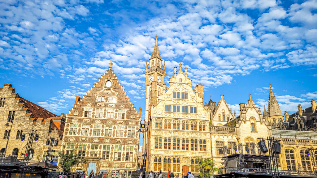 Beautiful architecture along the river Leie in Ghent. Monumental highlights to visit in Ghent, Belgium. In the worlds jungle.