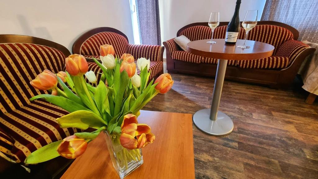 Tulips and champagne displayed in living room area at Visovac Rooms. Krka National Park, Croatia: Complete Visitor Guide to Waterfalls, Trails, and Tickets