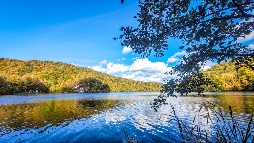Orange/ yellow foliage with impressive lake view. Visiting Plitvice Lakes: tips, highlights, and where to stay