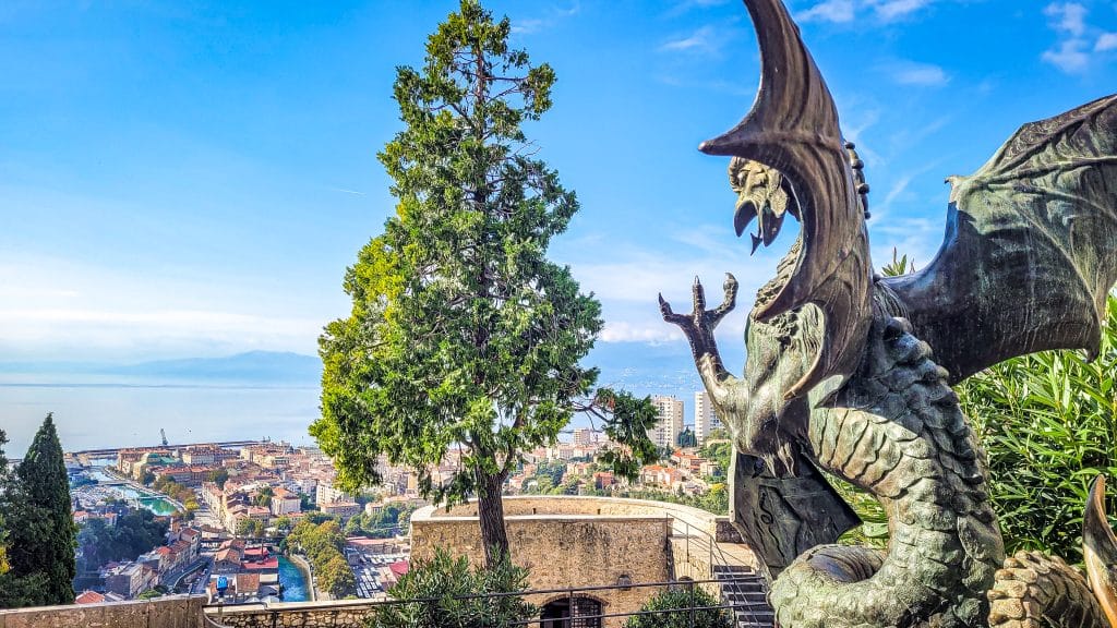 Dragon statue at castle and view of the surrounding landscape. Visiting Rijeka, Croatia: highlights, best time to go & local eats