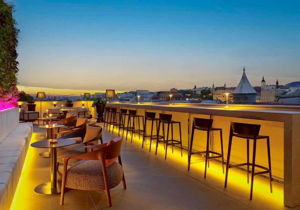 Rooftop bar at sunset at art'otel Zagreb, Powered by Radisson Hotels