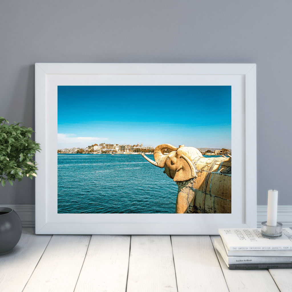 Elephant at Jagmandir Island Palace. A digital photo print, travel wall art. In the worlds jungle travel blog.