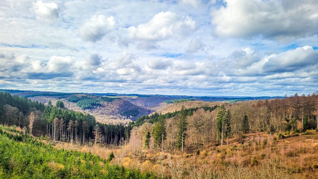Winter landscape with clouds on a sunny day from the watchtower in Bouillon. Hiking Le Tombeau du Géant in Botassart, Belgium: Trails, tips & local legends